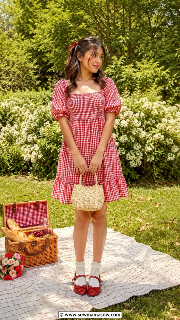 Gingham puff sleeve dress with Mary Janes - 30 spring cottagecore outfit ideas