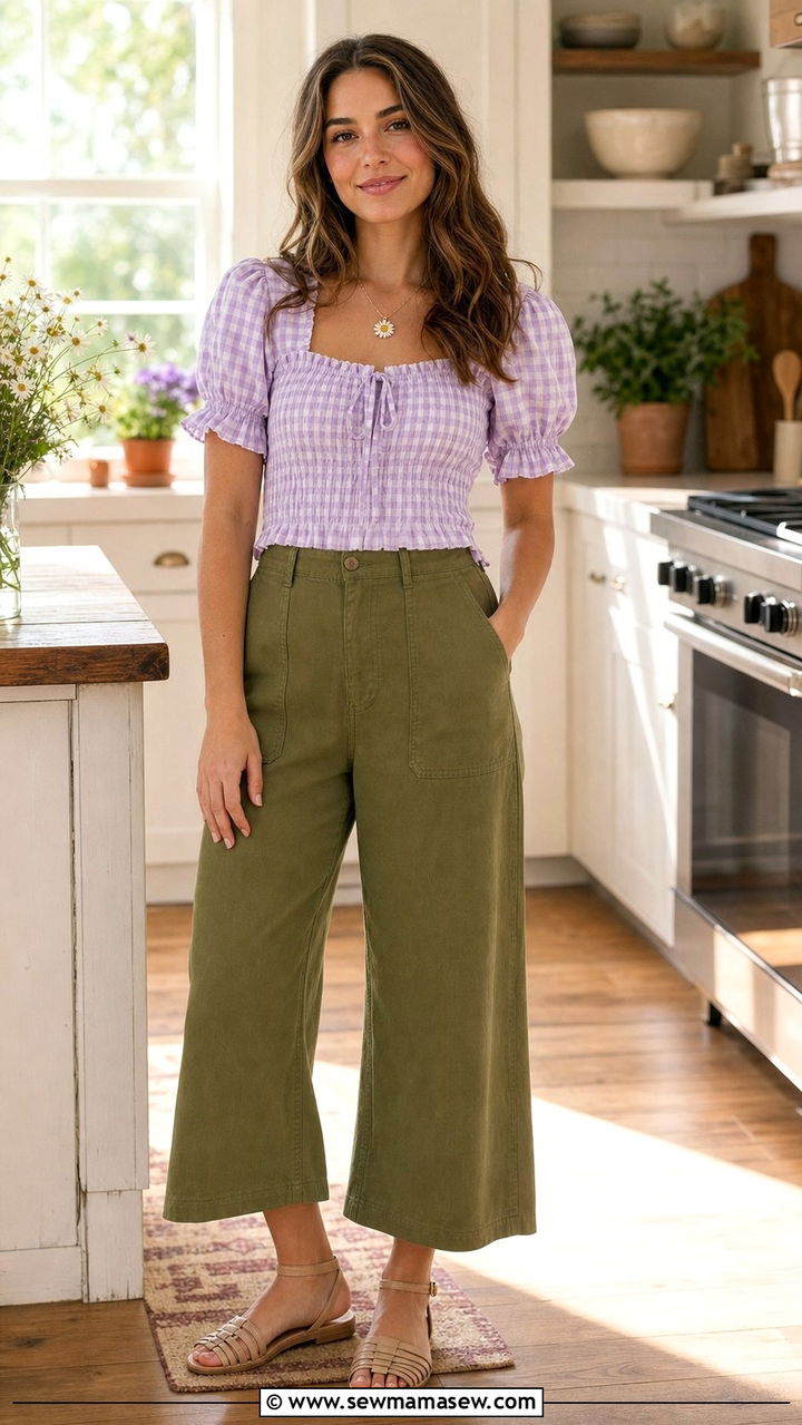 Gingham puff sleeve top with wide leg cropped pants - 25 Spring at home outfit ideas