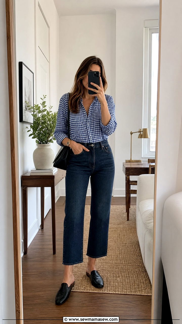 Gingham shirt and cropped jeans with leather mules - 25 Business casual outfits with flats