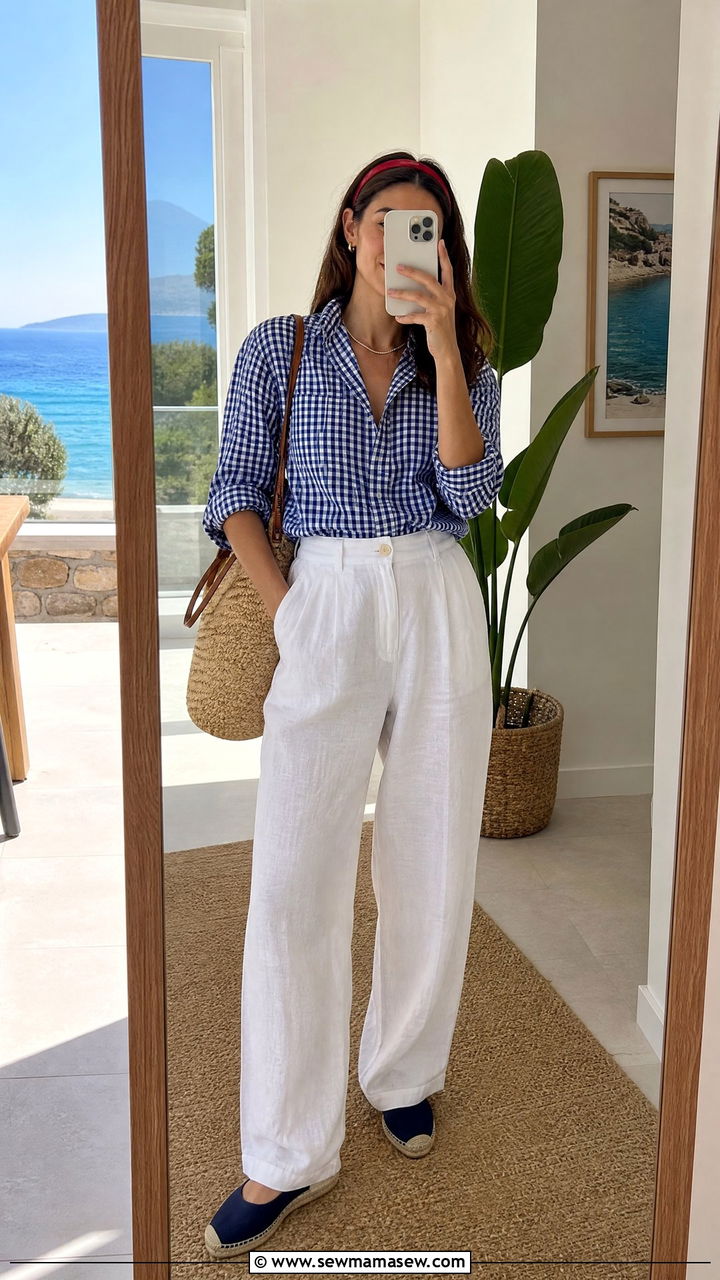 Gingham shirt with white linen pants - 30 summer nautical outfit ideas