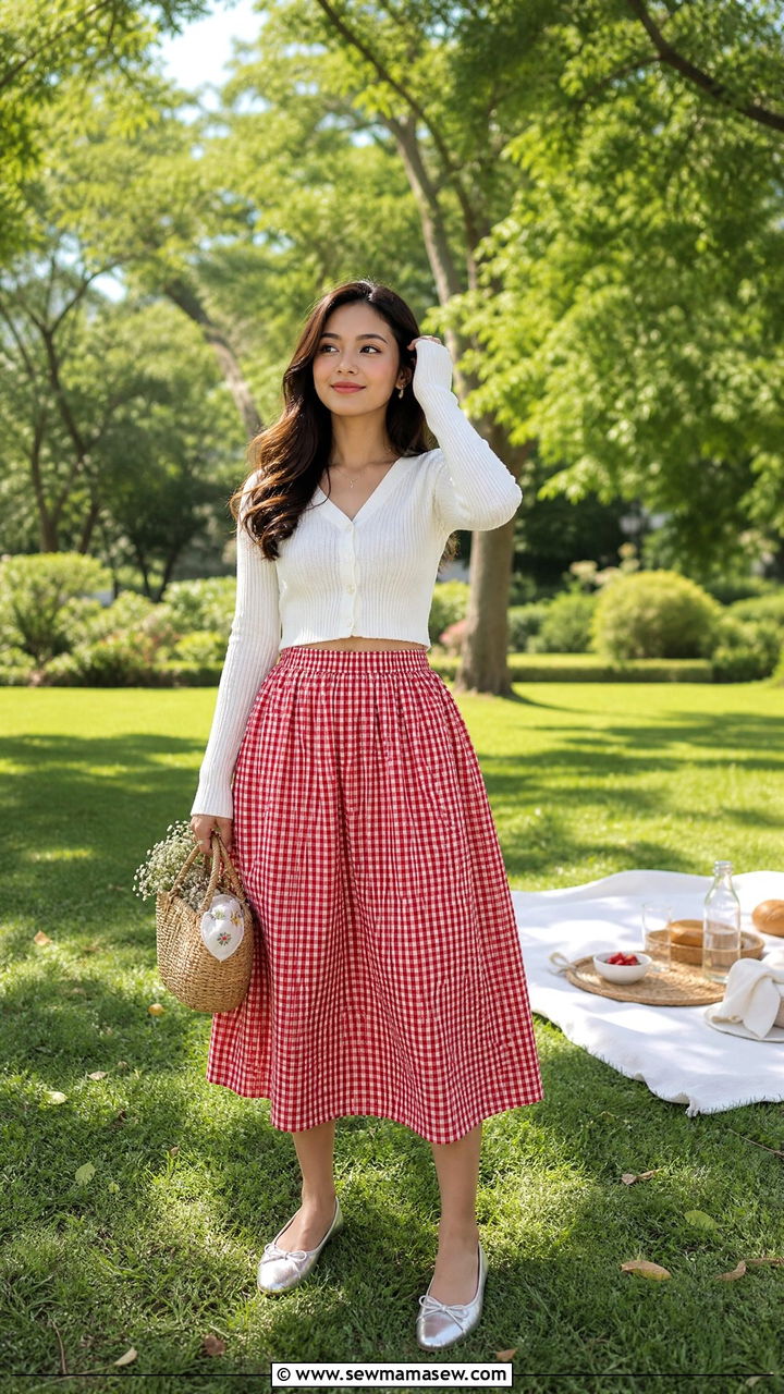 Gingham skirt and ballet flats outfit - 25 Petite outfit ideas with ballet flats