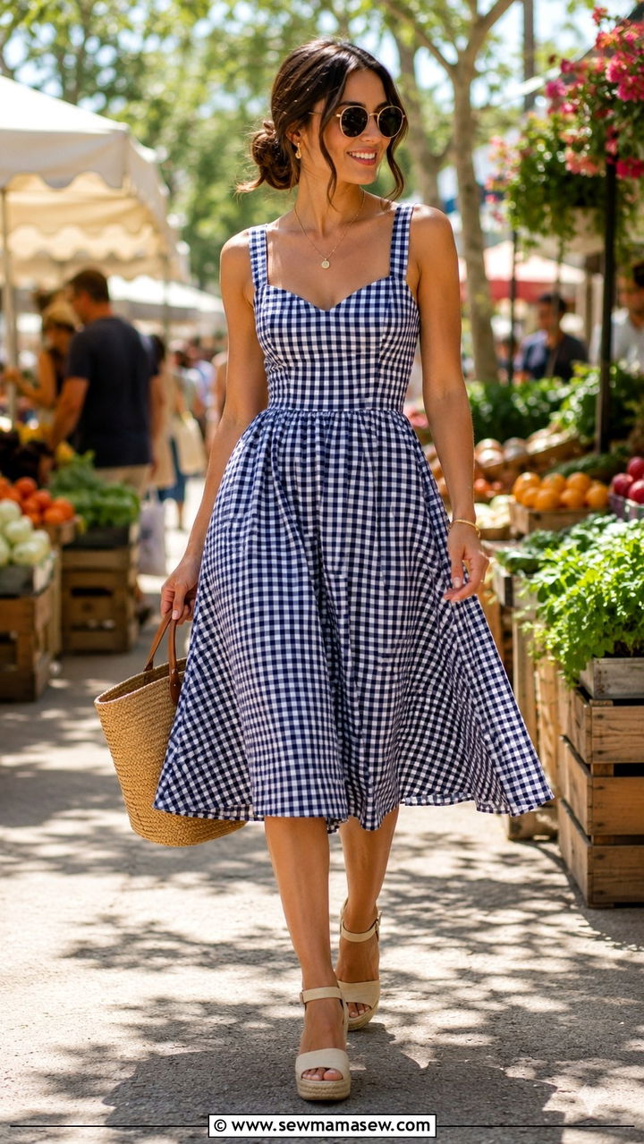 Gingham sundress with espadrille wedges outfit - 25 Mid century modern outfit ideas