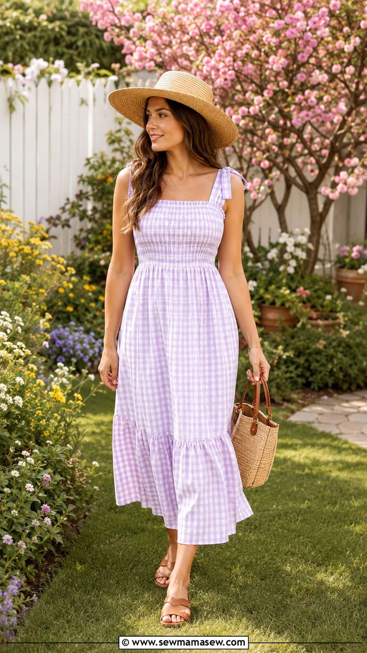 Gingham sundress with straw hat and basket bag outfit - 30 Spring backyard outfits