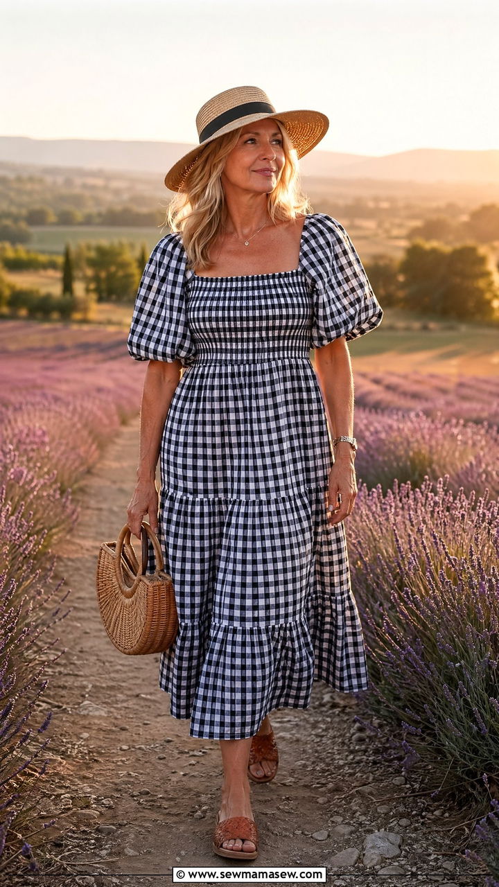 Gingham sundress with woven accessories - 35 French girl outfit ideas for women over 40