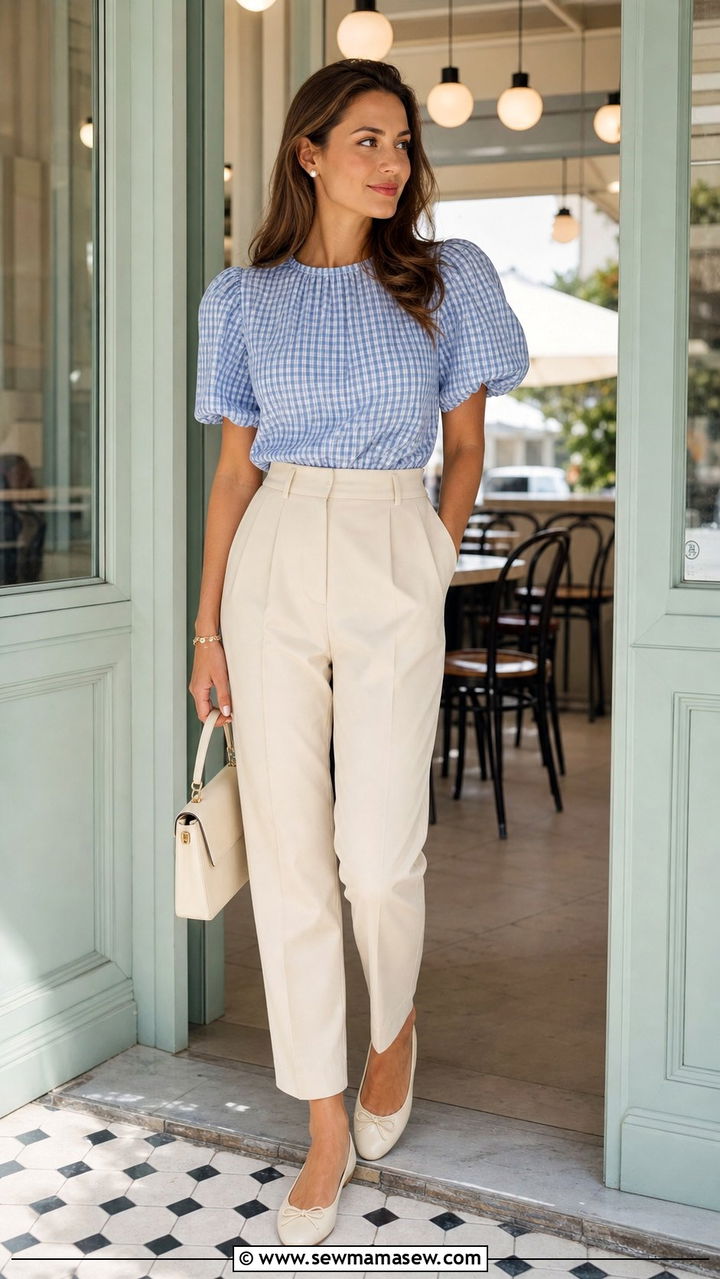 Gingham top and tailored trousers outfit - 25 spring late spring outfit ideas