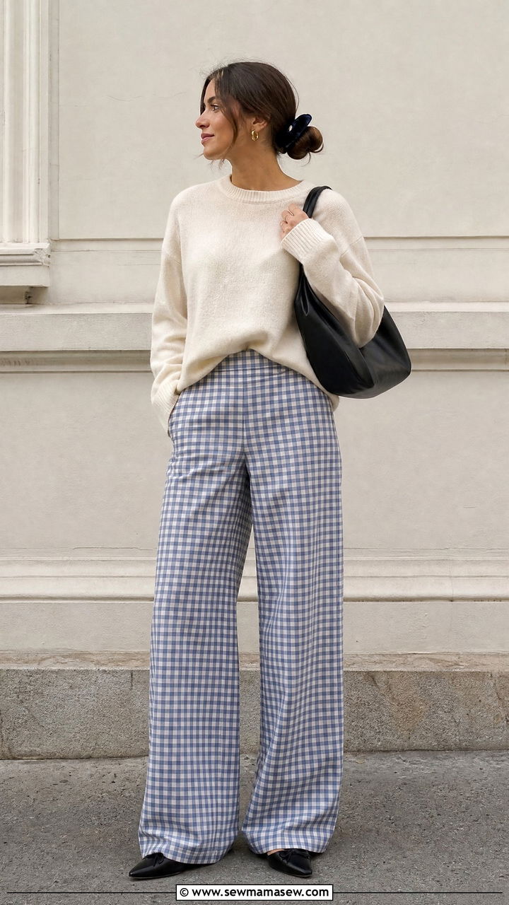 Gingham trousers and solid knit Copenhagen outfit - 25 casual Copenhagen outfits