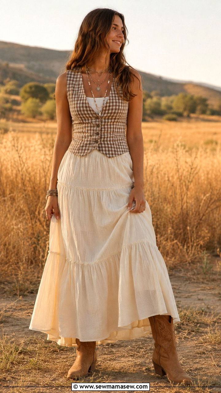 Gingham waistcoat with maxi skirt - 25 waistcoat vest outfit ideas for women