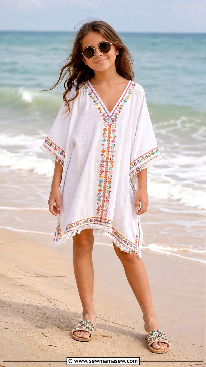 Girl embroidered cotton kaftan cover up with sandals beach vacation outfit - 30 Kids vacation outfit ideas