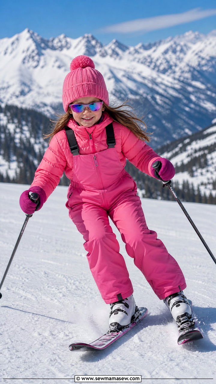 Girl insulated snow bib and puffer jacket with snow boots ski outfit - 30 Kids vacation outfit ideas