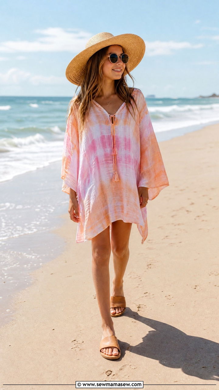 Girl tie dye beach cover up dress with slide sandals and wide brim hat - 30 Kids vacation outfit ideas