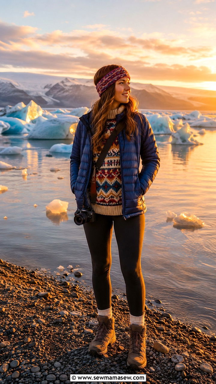 Glacier lagoon sunset outfit colorful sweater layers - 25 Reykjavik outfit ideas
