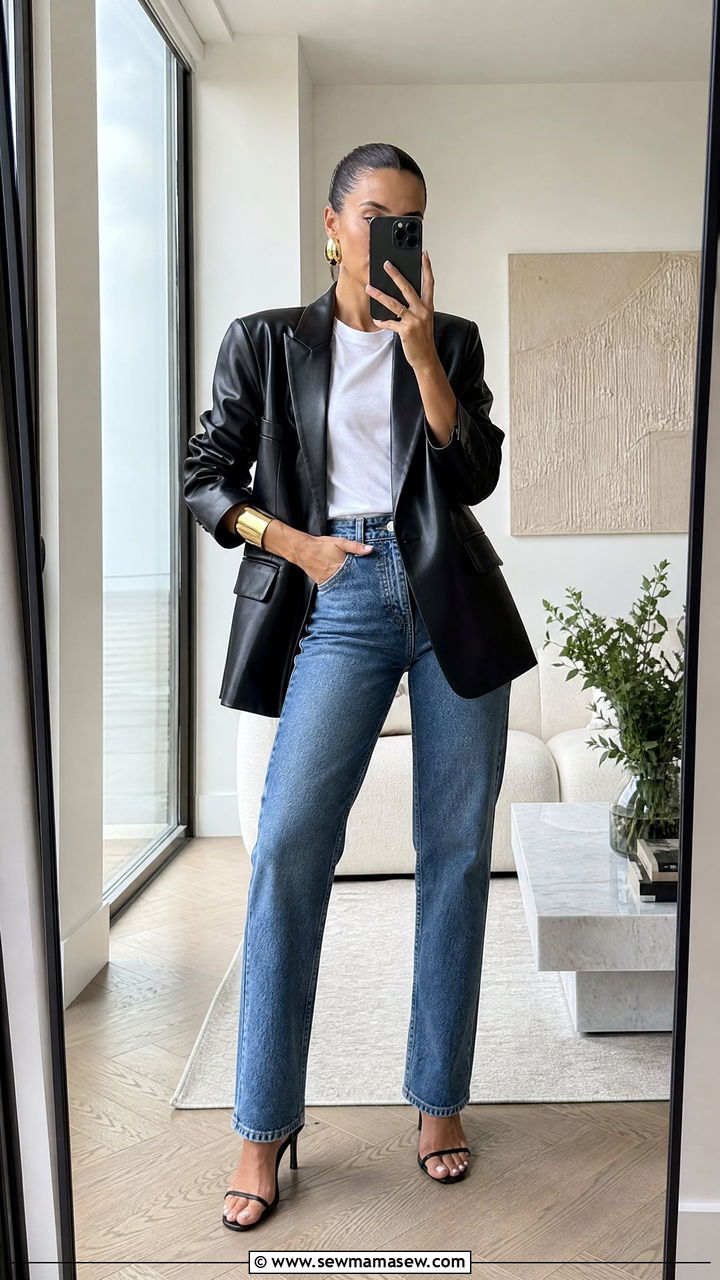 Glamoratti Leather Blazer And Straight Leg Jeans - 30 glamoratti outfits to copy
