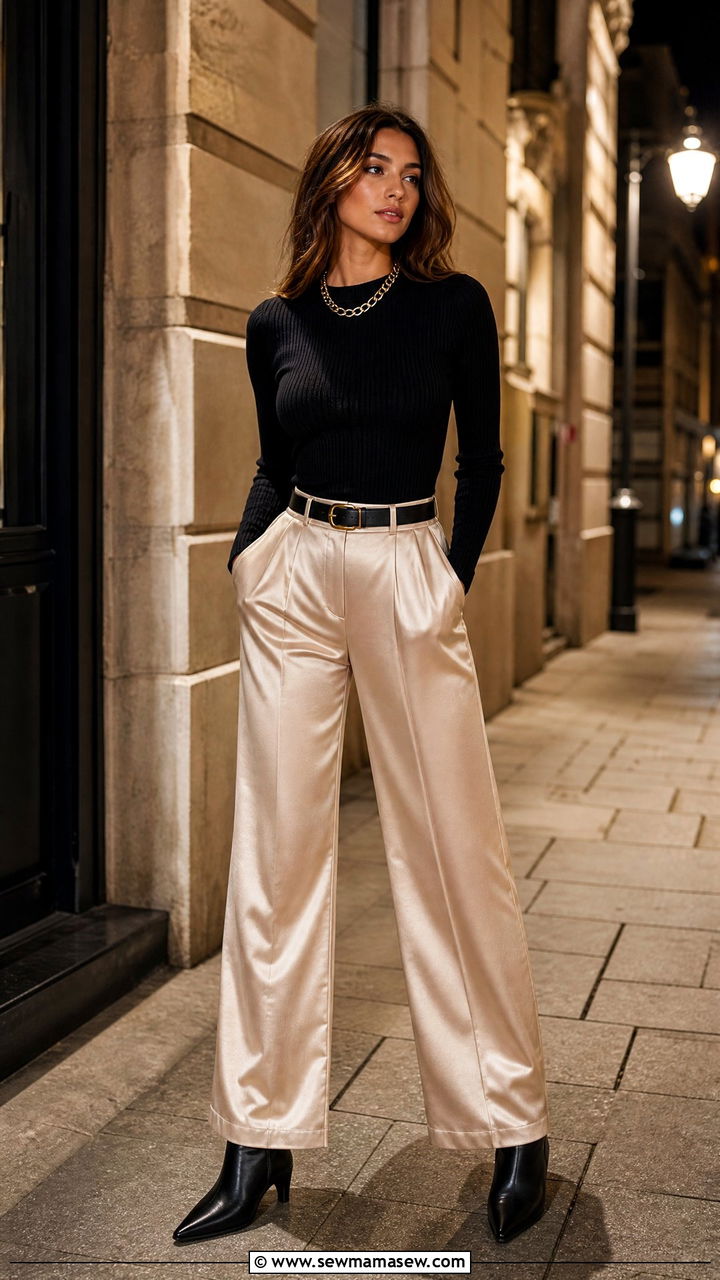 Glamoratti Satin Trousers With Fitted Knit Top - 30 glamoratti outfits to copy