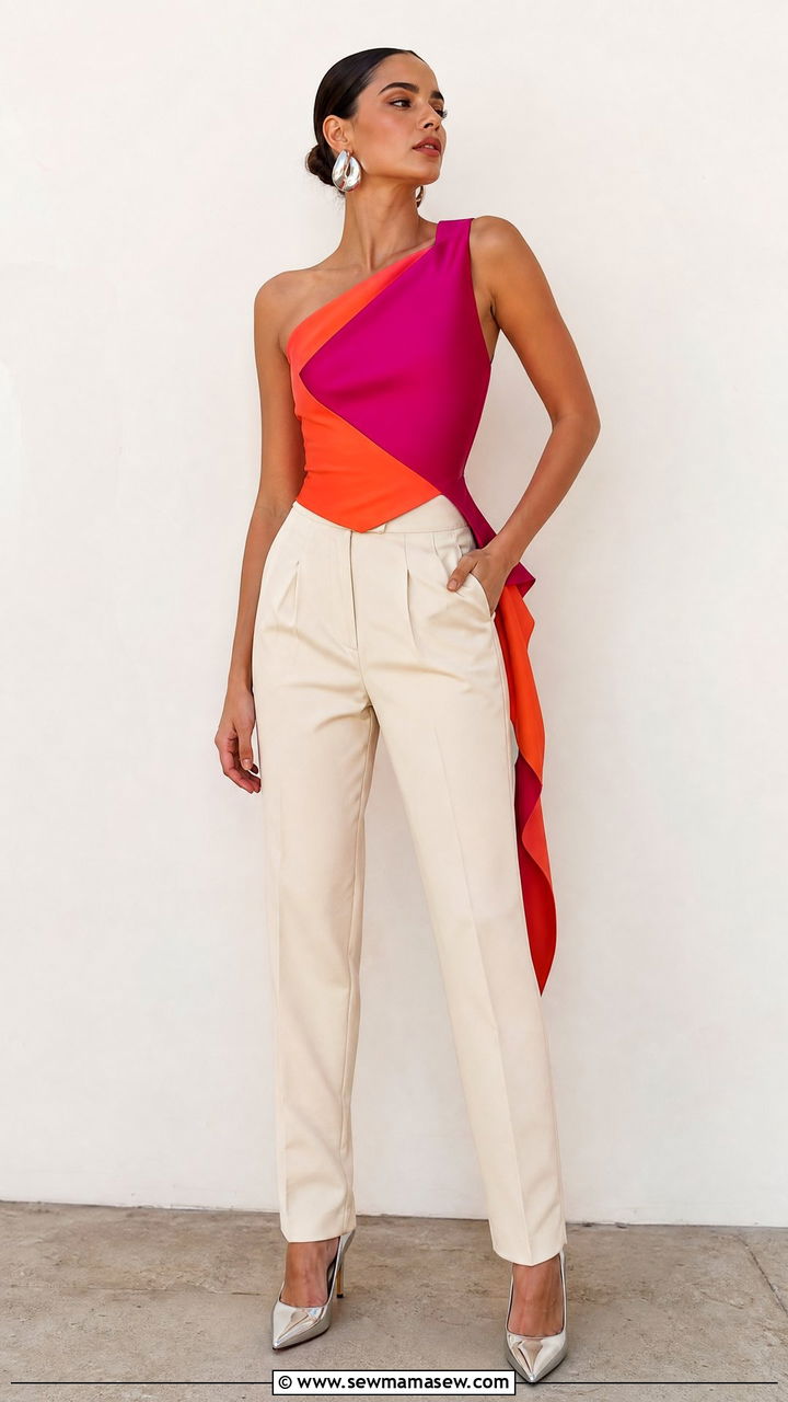 Glitchy glam asymmetrical top with tailored trousers - 25 Pinterest outfits 2026