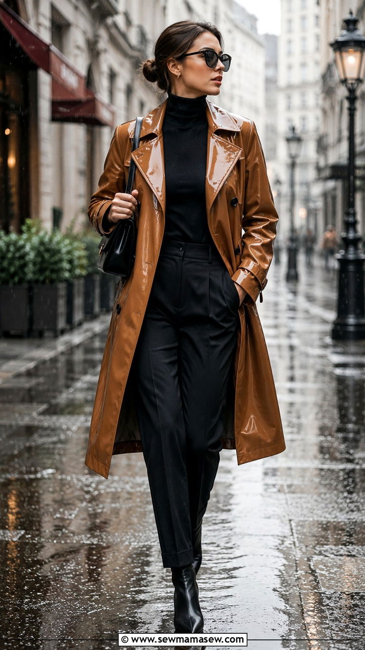 Glossy Patent Trench Coat with Black Turtleneck and Tailored Trousers - 30 classy rainy day outfits