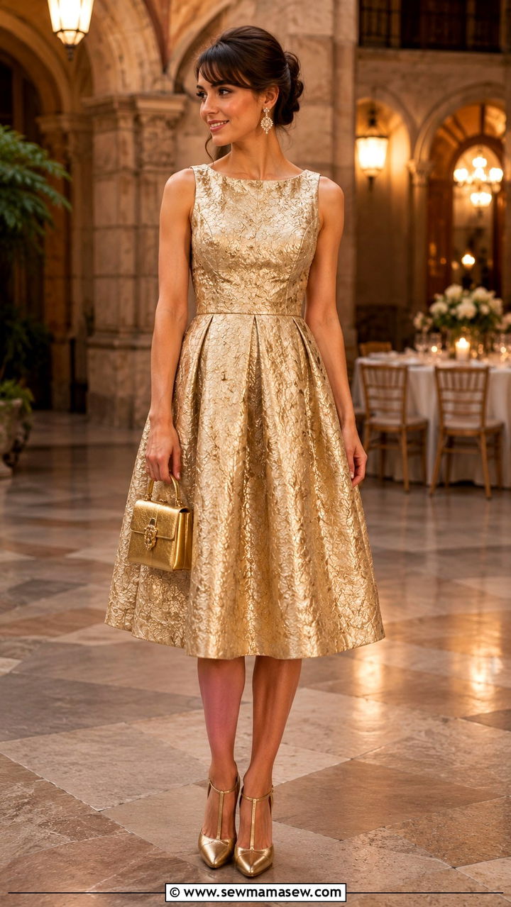 Gold Brocade Fit And Flare Dress With T Strap Heels - 25 Wedding guest outfit ideas gold dress