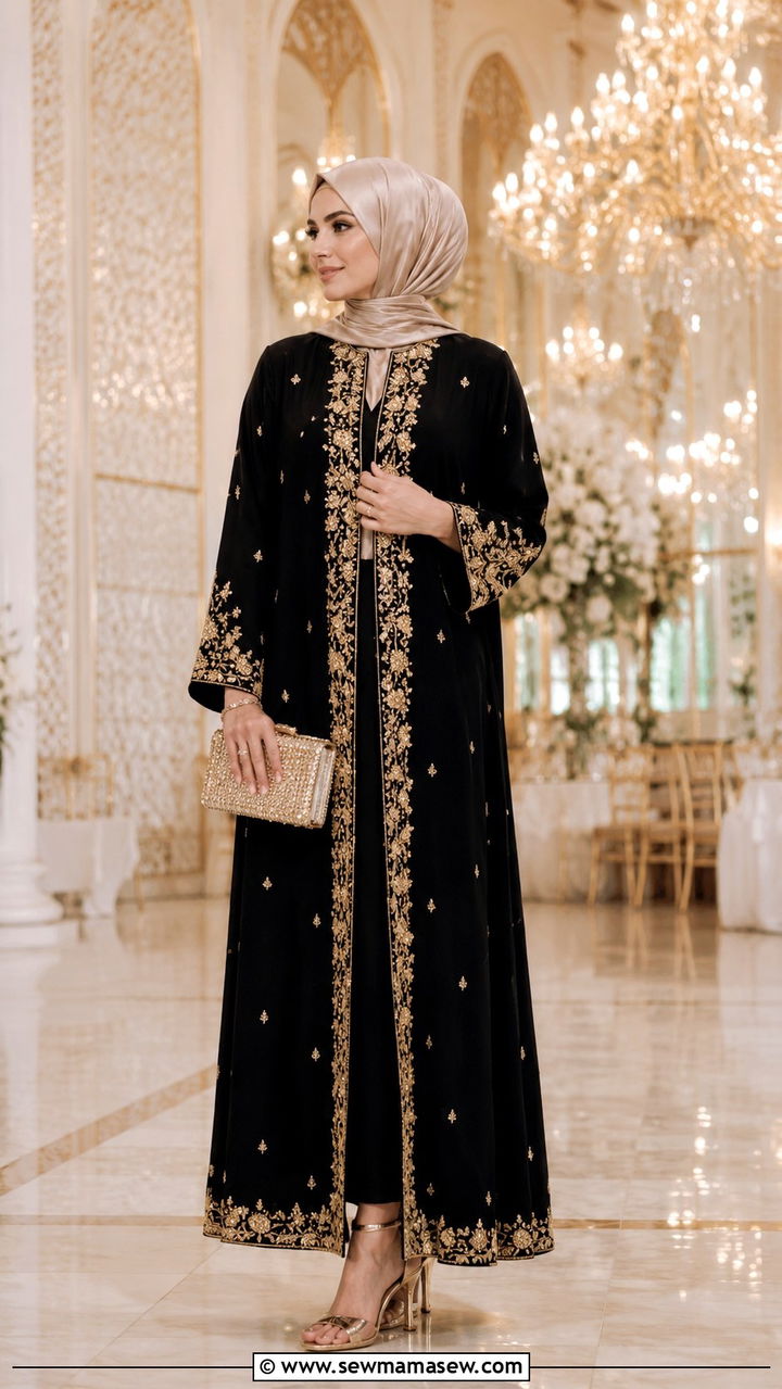 Gold Embroidered Abaya With Hijab - 30 Modest wedding guest outfit ideas with hijab