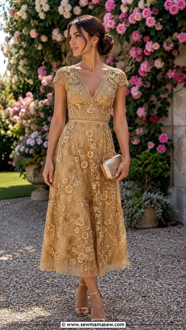 Gold Embroidered Midi Dress With Matching Gold Sandals - 25 Wedding guest outfit ideas gold dress