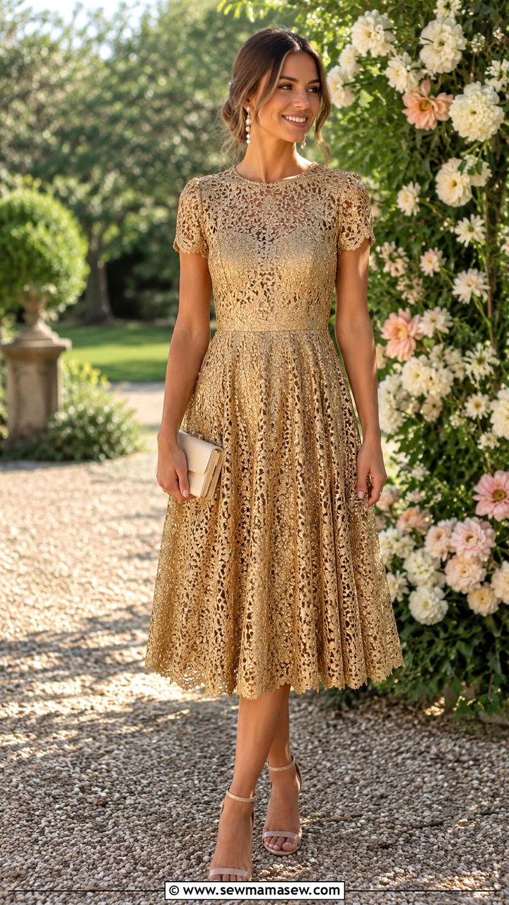 Gold Lace A Line Dress With Pearl Accessories - 25 Wedding guest outfit ideas gold dress
