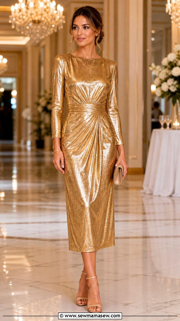 Gold Lame Dress With Minimal Accessories And Nude Heels - 40 glamoratti outfits ideas