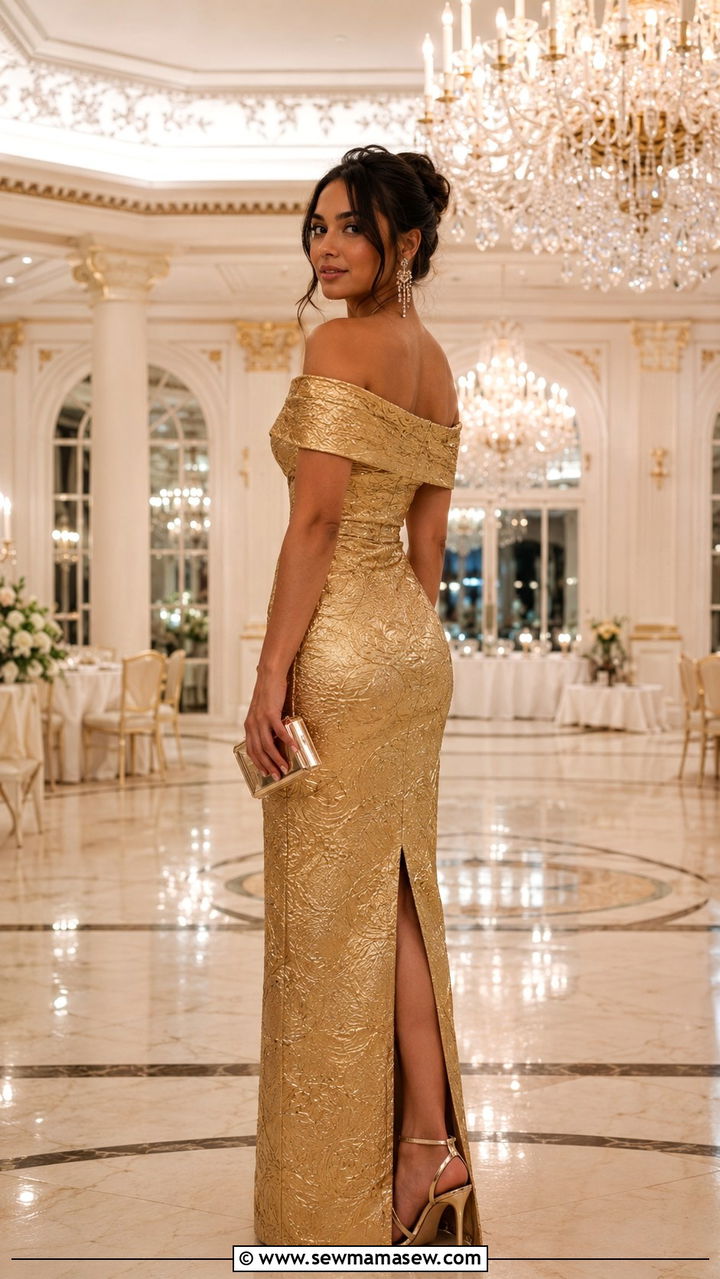 Gold Metallic Jacquard Gown Black Tie Wedding Guest - 25 Wedding guest outfit ideas jacquard dress