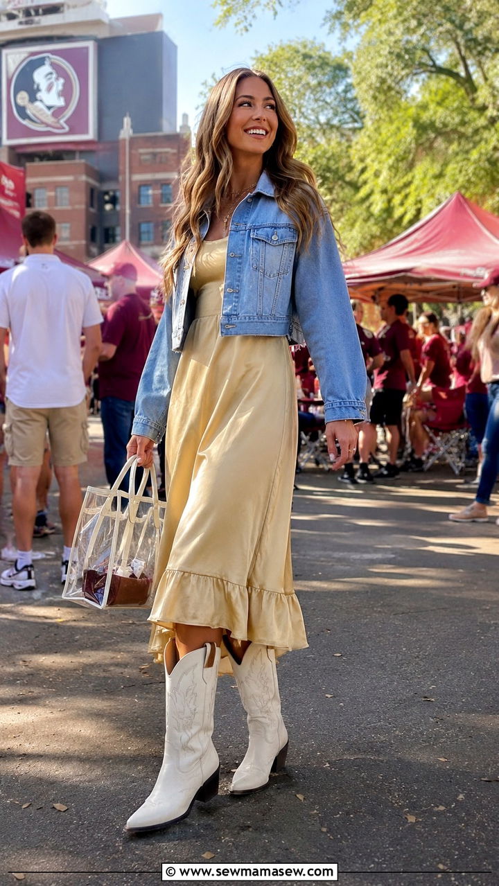 Gold Midi Dress With Cowboy Boots and a Denim Jacket - 20 Gameday outfit ideas FSU