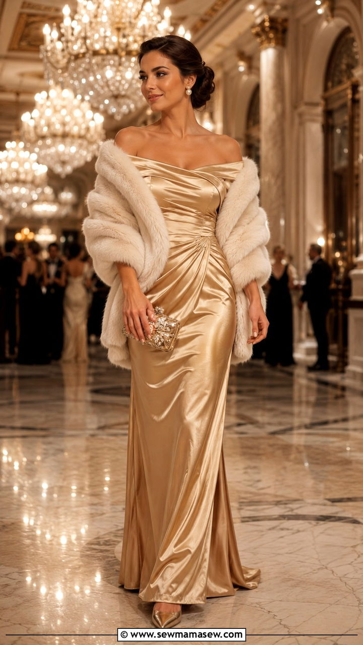Gold Off Shoulder Gown With Faux Fur Wrap - 25 Wedding guest outfit ideas gold dress