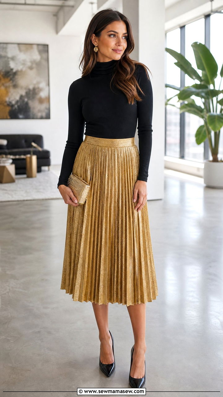 Gold Pleated Midi Skirt Party Outfit - 25 Gold outfit ideas for party