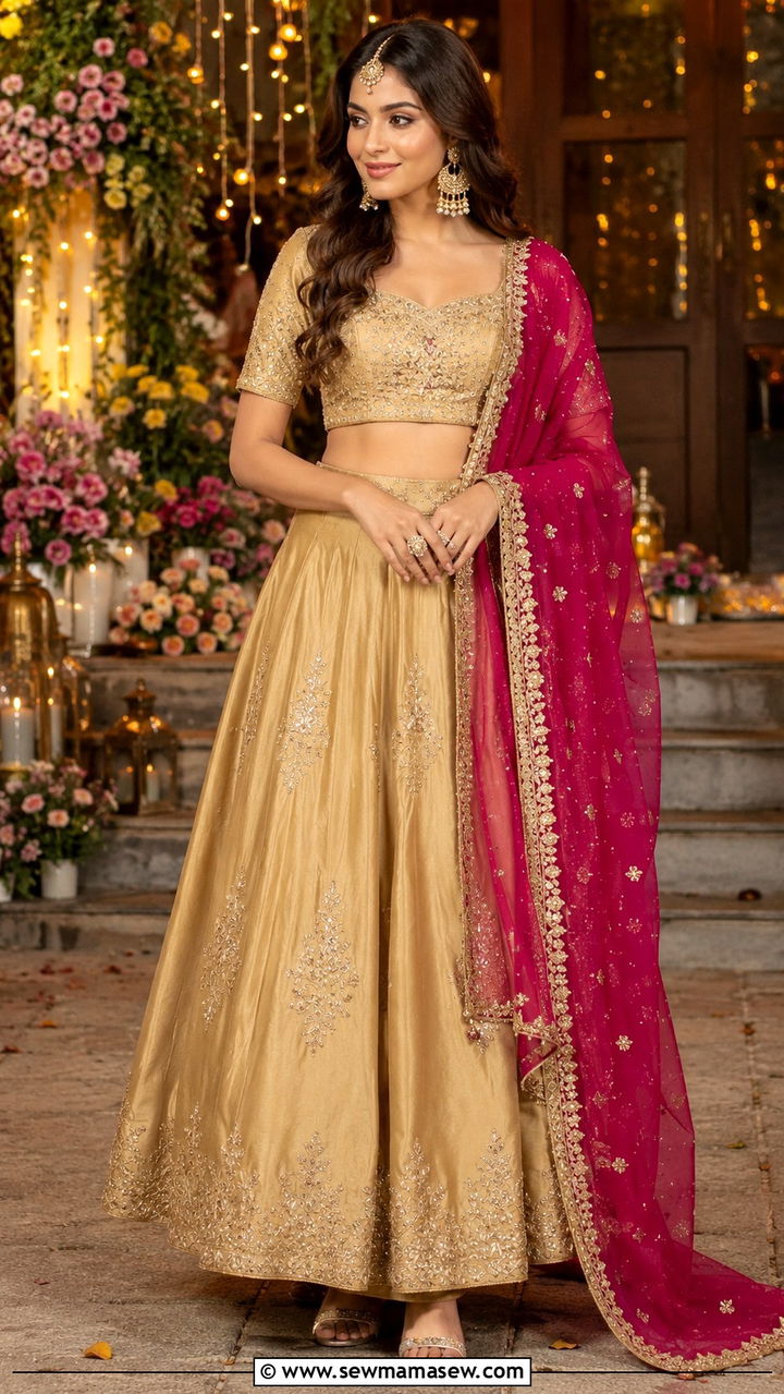 Gold Raw Silk Lehenga With Contrasting Dupatta - 30 Mehndi outfit ideas