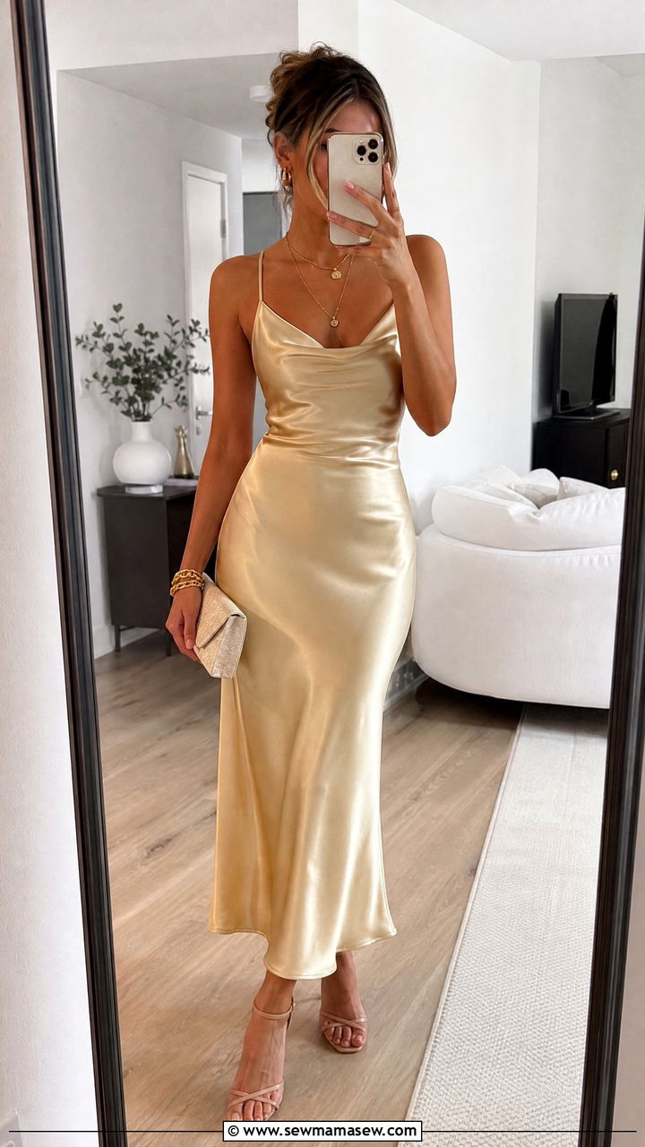 Gold Satin Slip Dress With Heels - 25 Gold outfit ideas for party