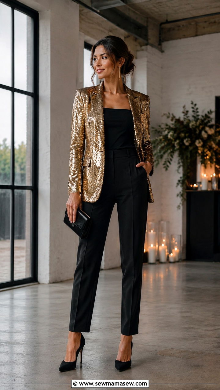 Gold Sequin Blazer Outfit With Black Trousers And Heels - 25 Wedding guest outfit ideas gold dress