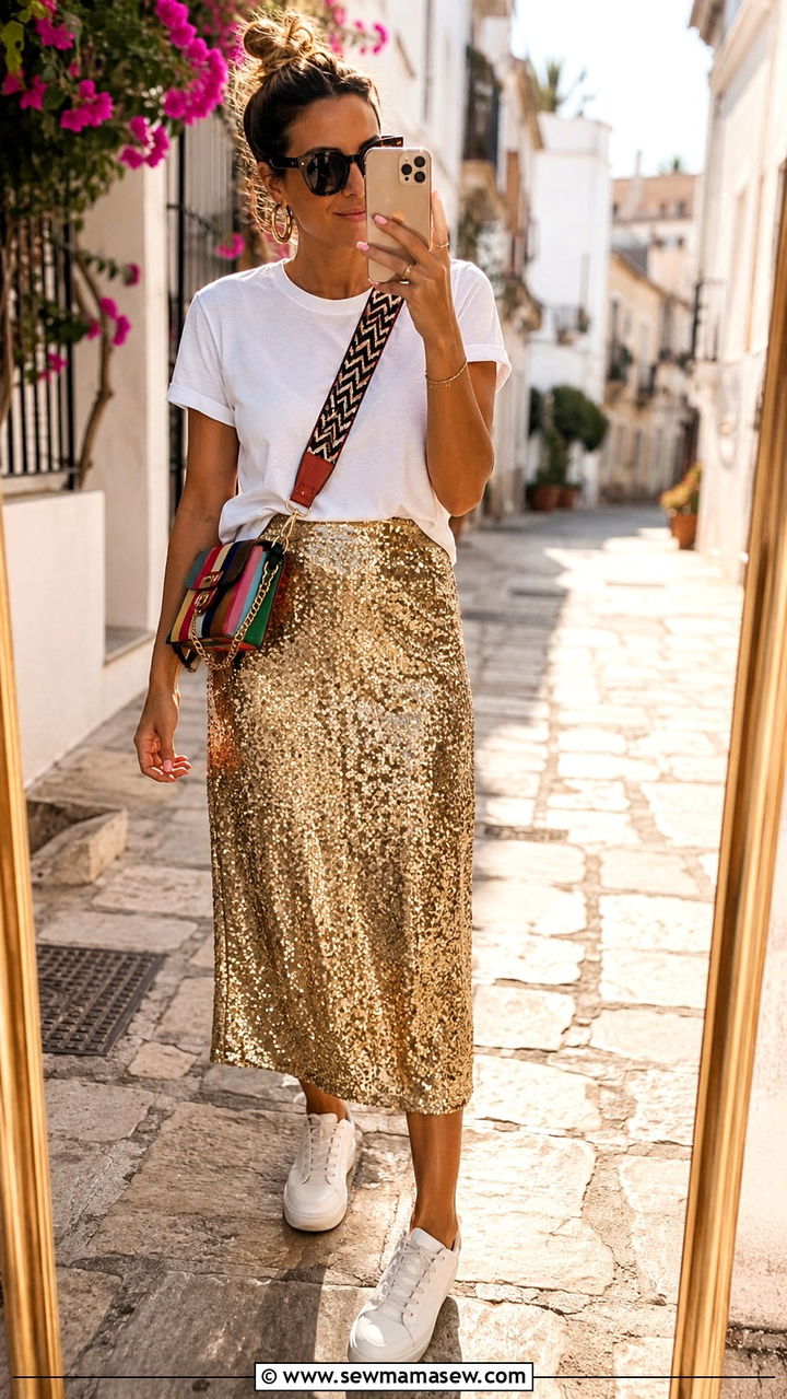 Gold Sequin Skirt With White Tee And Sneakers - 25 Sequin skirt outfit ideas for party