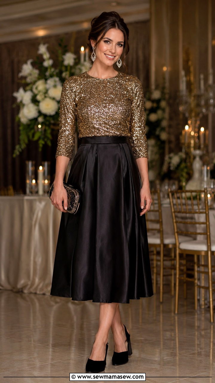Gold Sequin Top with Modest Midi Skirt Outfit - 20 Wedding guest outfit ideas Jewish wedding