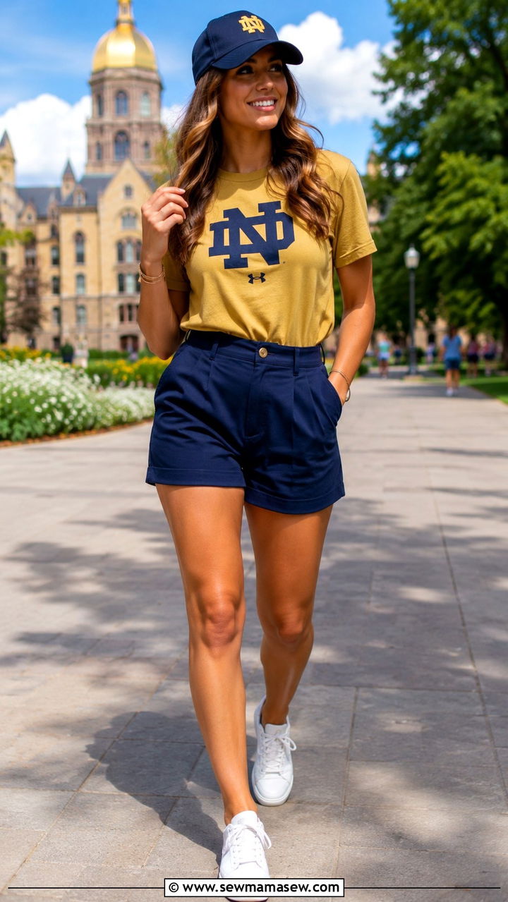 Gold T Shirt And Navy Shorts Notre Dame Outfit - 20 Gameday outfit ideas Notre Dame