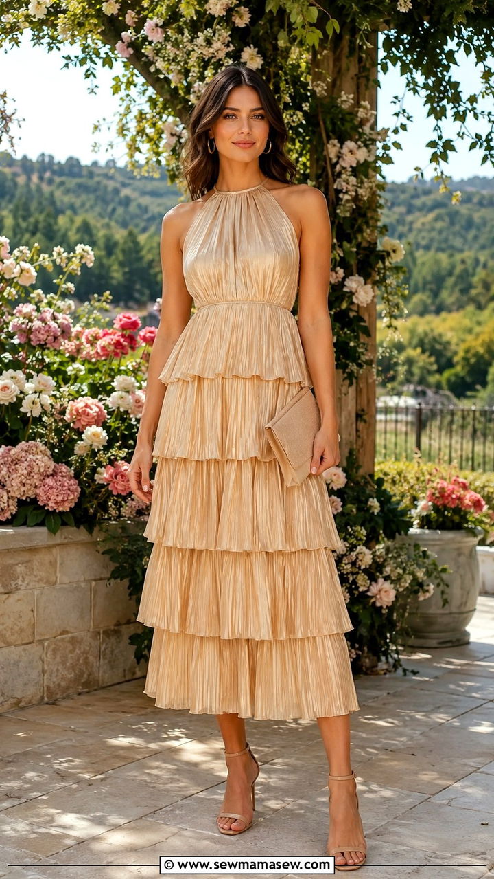 Gold Tiered Ruffle Midi Dress With Simple Hoop Earrings - 25 Wedding guest outfit ideas gold dress