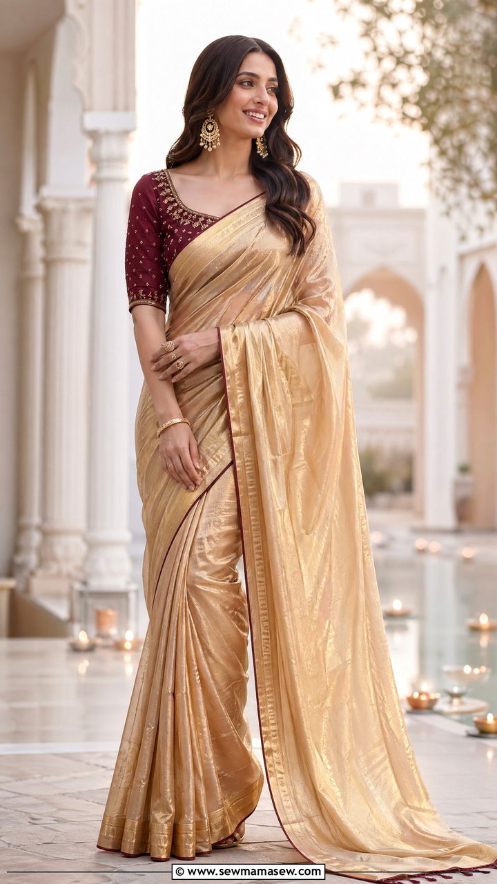 Gold Tissue Saree with Contrasting Blouse - 35 Eid outfit ideas for moms