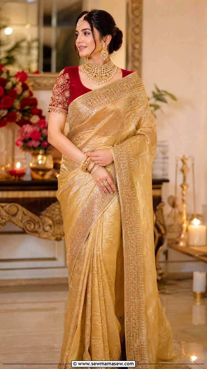 Gold Tissue Silk Saree for Karwa Chauth - 25 Karwa Chauth outfit ideas