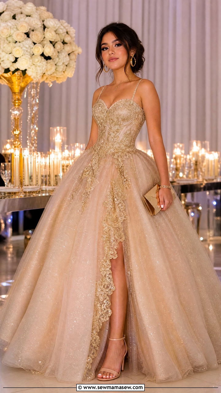 Gold quinceanera ball gown with metallic clutch - 25 Quinceanera outfit ideas