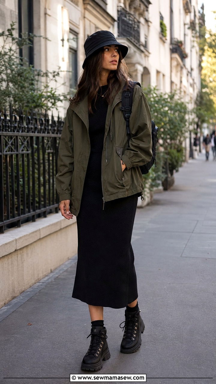 Gorpcore outfit with midi dress - 30 Gorpcore outfit ideas