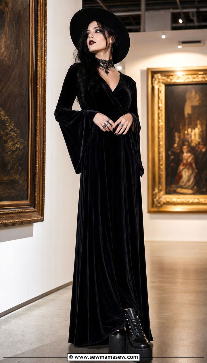 Goth Velvet Maxi Dress and Platform Boots Outfit - 35 aesthetic outfits