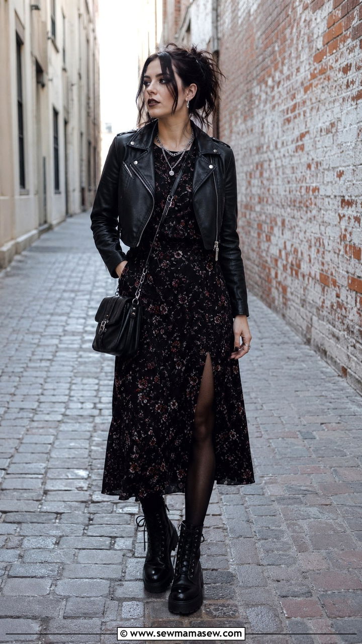 Gothic Midi Dress with Leather Jacket - 30 Mysterious spring outfit ideas