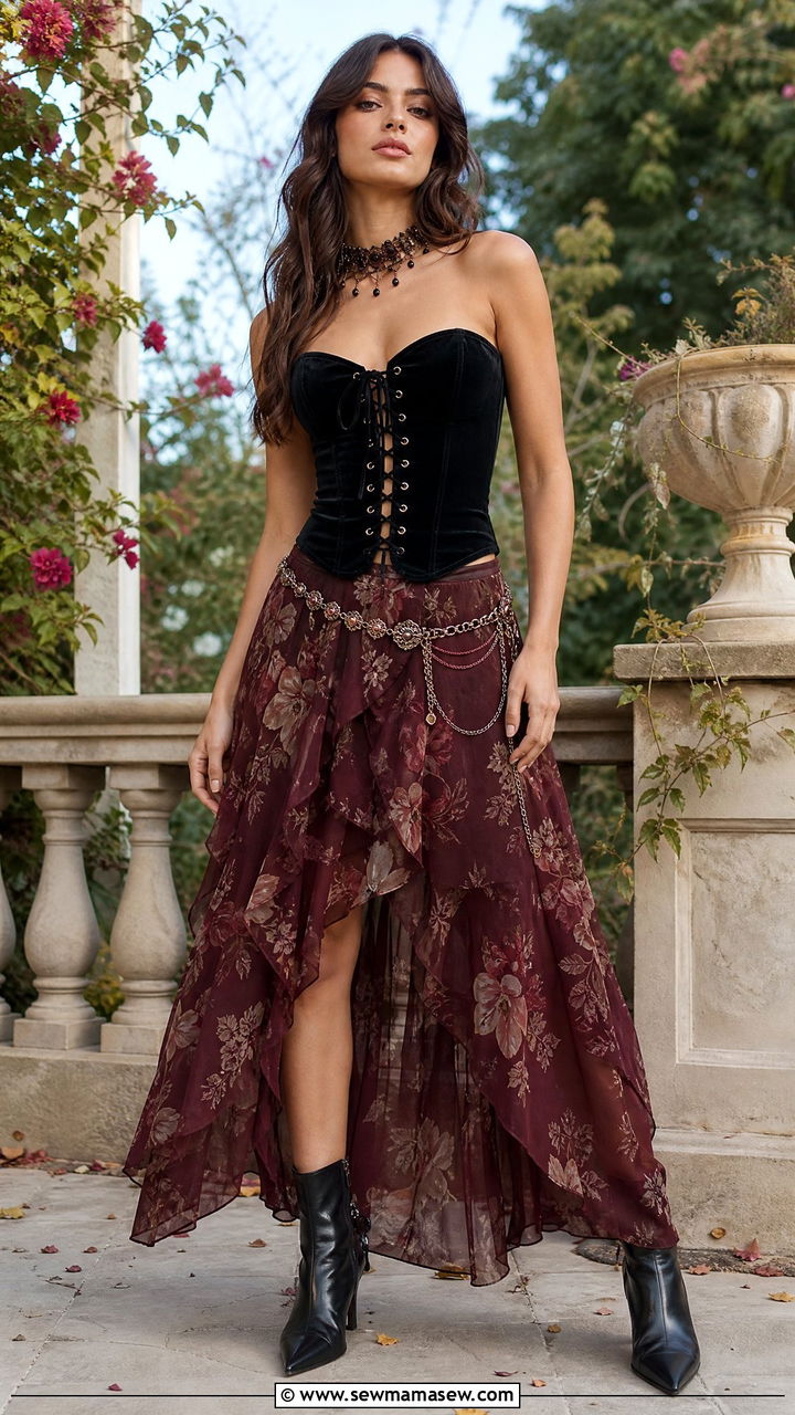 Gothic Velvet Corset and Floral Maxi Skirt Outfit - 30 Edgy summer outfits