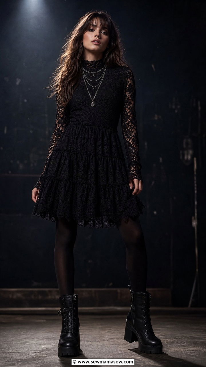 Gothic lace dress and chunky boots - 20 Olivia Rodrigo concert outfit ideas
