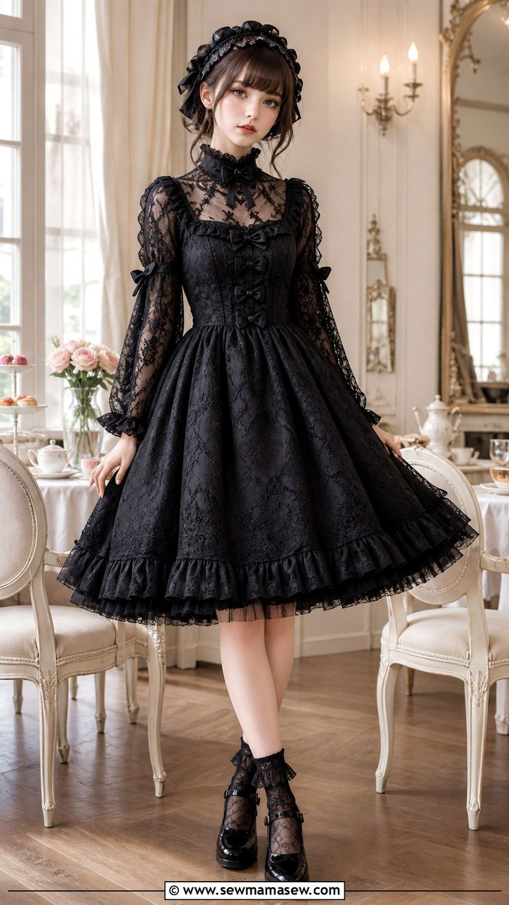 Gothic lolita black lace dress with bell shaped petticoat and Mary Janes - 40 Gothic outfit ideas