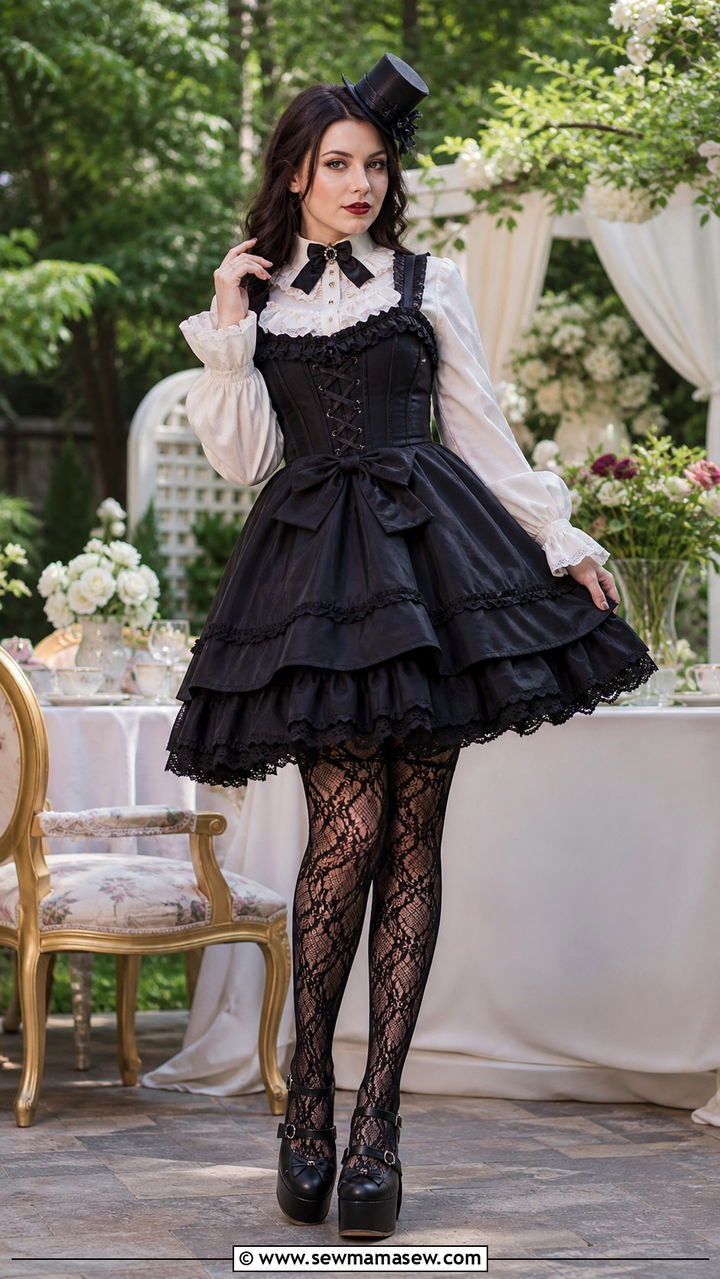 Gothic lolita corseted JSK with ruffled blouse and mini top hat - 40 Gothic outfit ideas