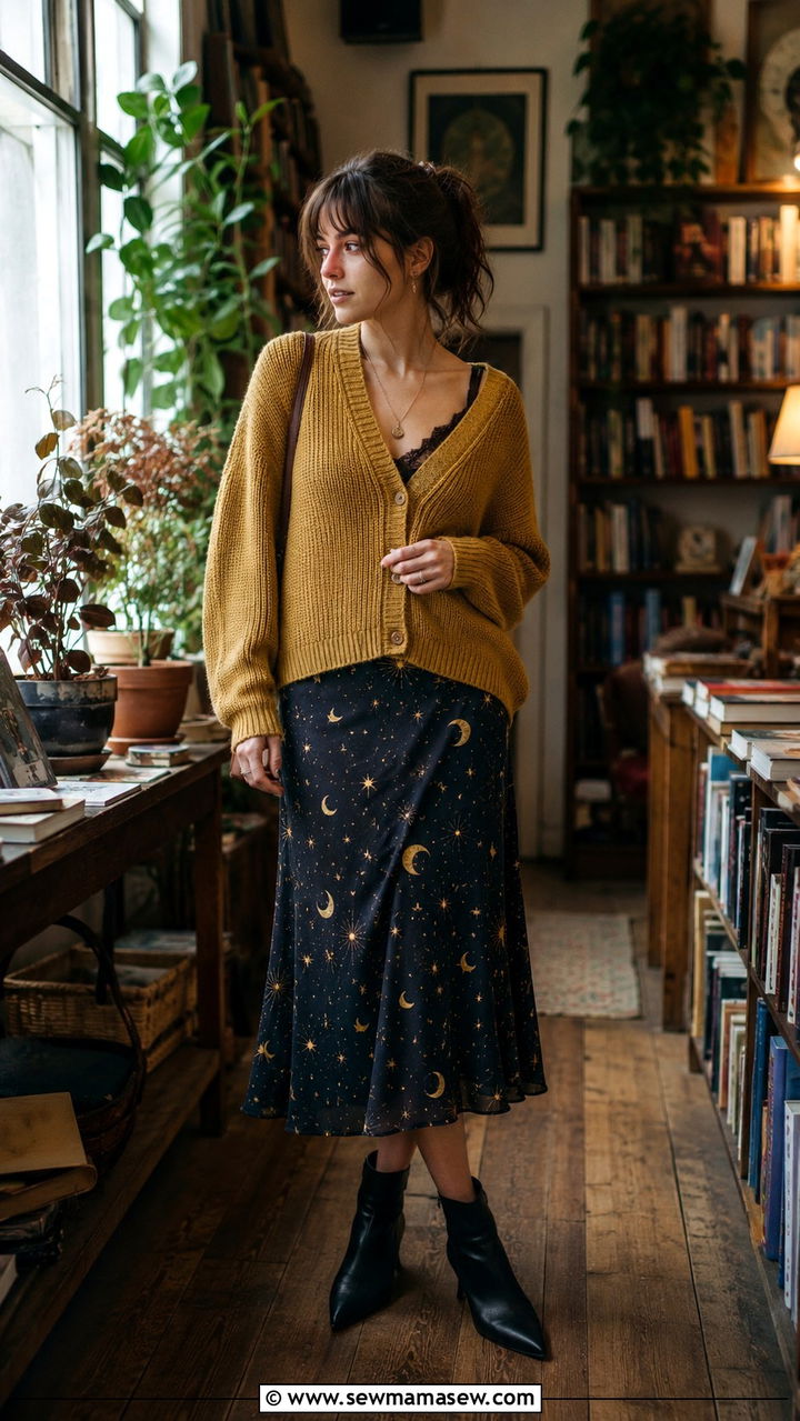 Grandpa Cardigan And Quirky Printed Midi Skirt - 25 poetcore outfits to copy