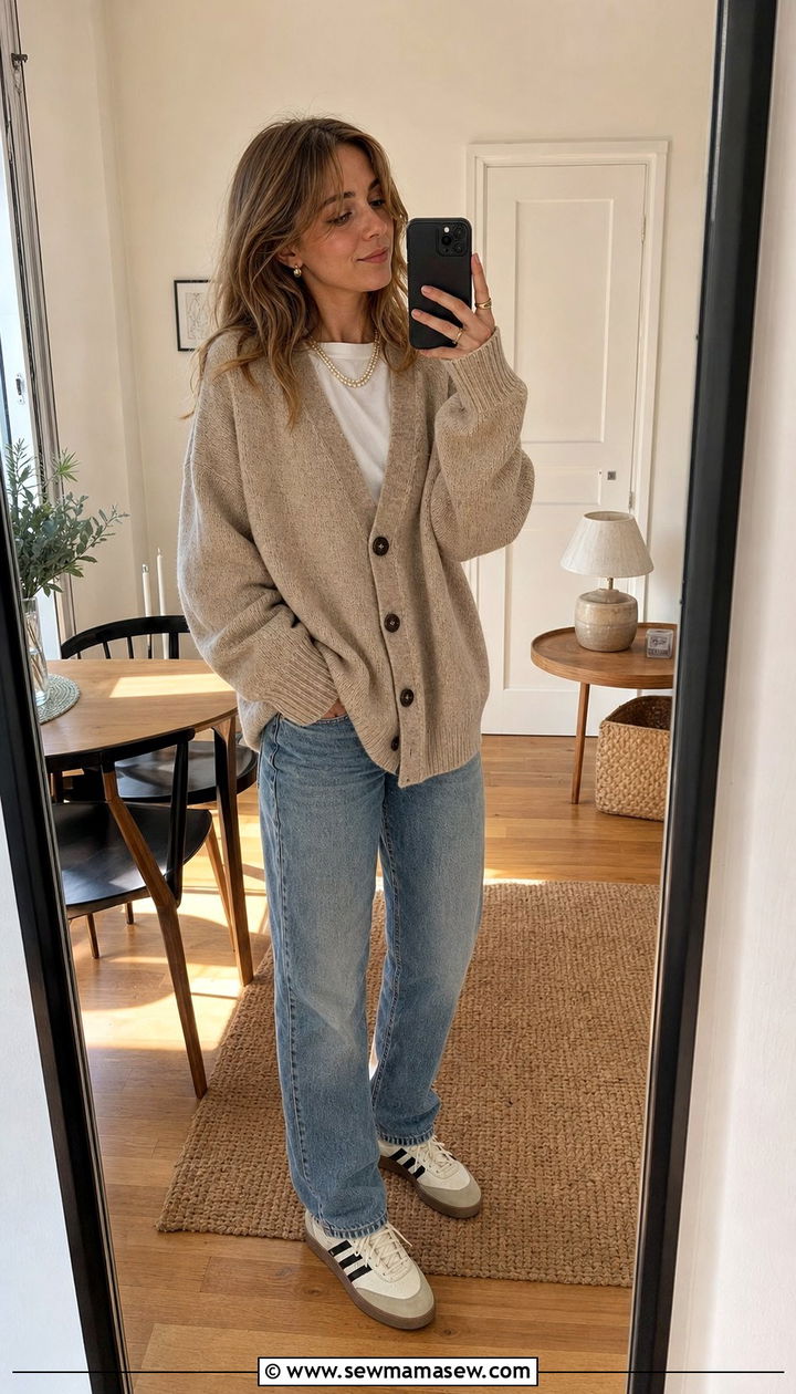 Grandpa Cardigan With Pearl Necklace White Tee and Relaxed Jeans - 25 Eclectic grandpa outfit ideas