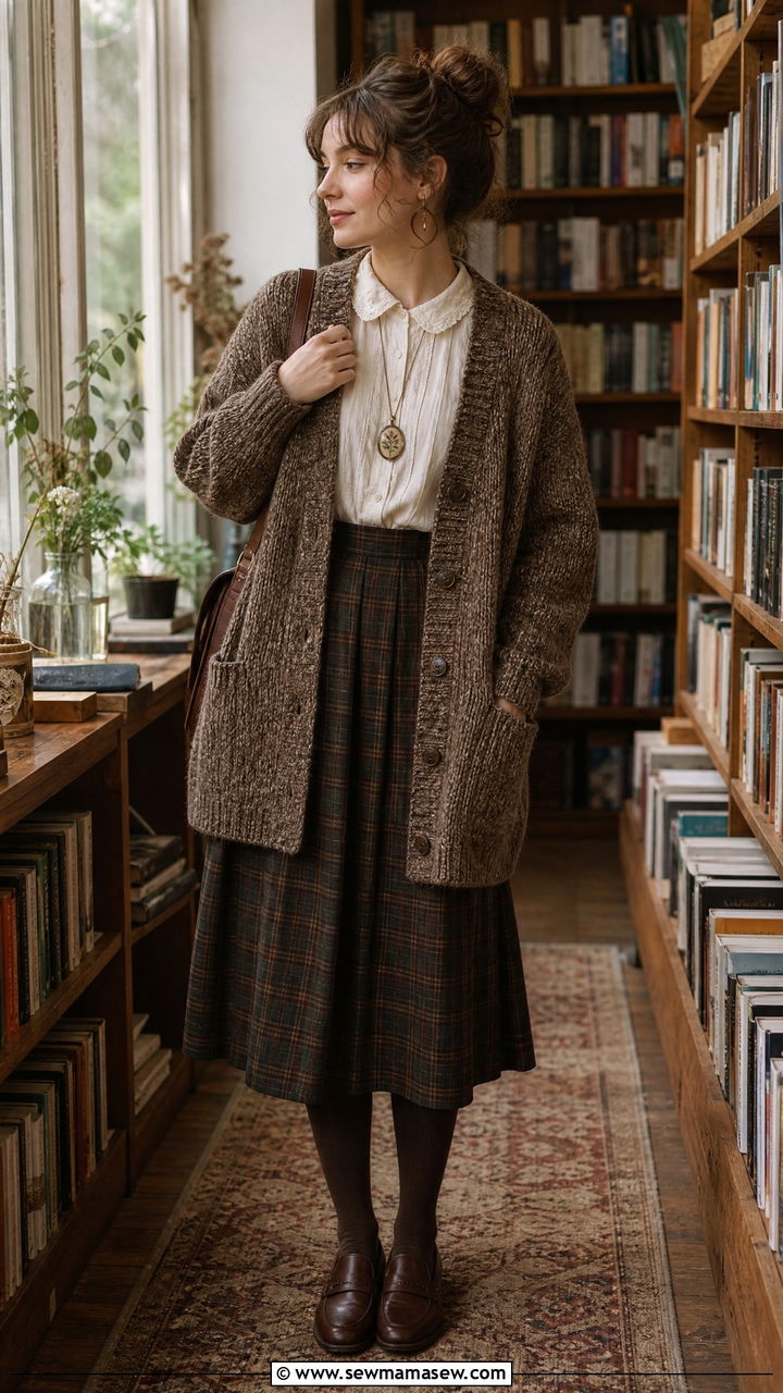 Grandpa cardigan and midi skirt with thick tights and loafers - 30 Goblincore outfit ideas