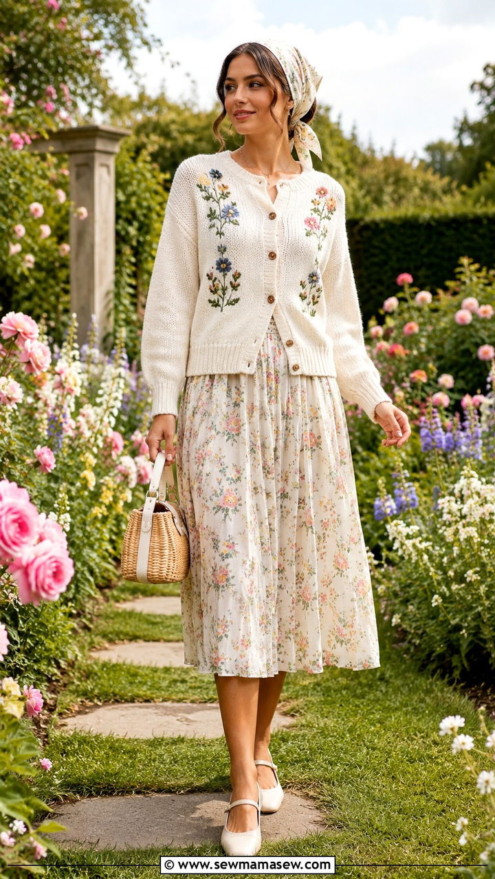 Grandpa cardigan with floral midi skirt and Mary Janes - 20 Eclectic grandpa outfit ideas 2026
