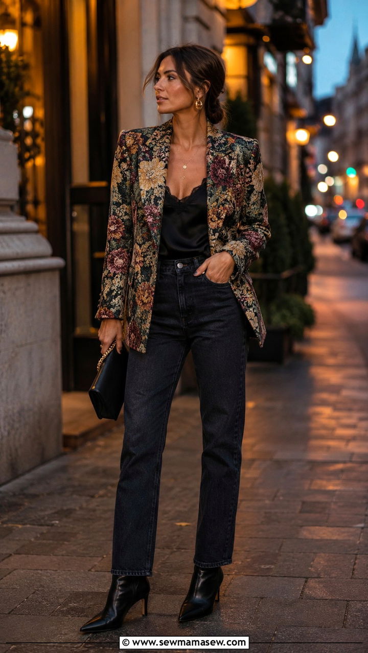 Granny print jacquard blazer with dark wash jeans - 30 Grandma chic outfit ideas